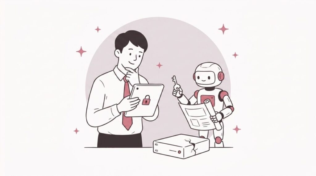 鍵のかかった古い端末を持つ経営者と、鍵と設計図を持った白いロボット