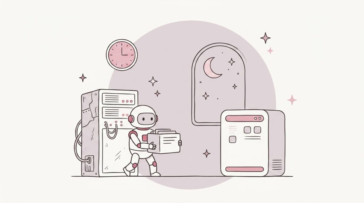 夜、古いサーバーから新しいサーバーへ箱を運ぶ白いロボット