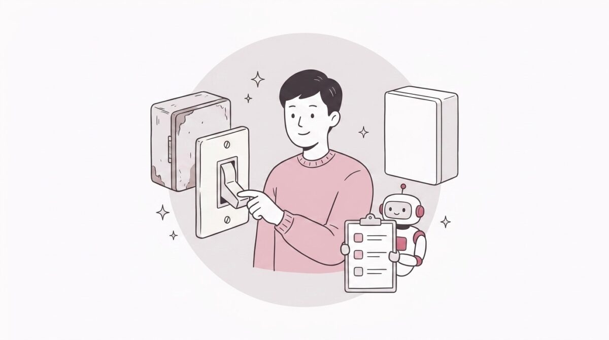 旧と新の箱の間のスイッチに手をかけ、まだ倒していない経営者