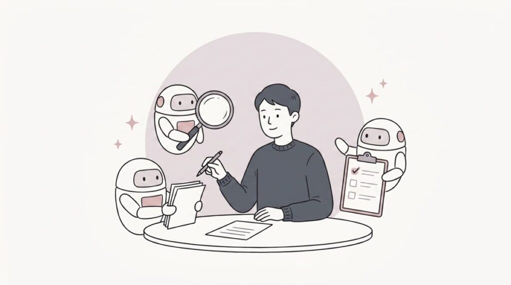 机を囲む経営者と、起草・反証・監査の小物を持った白いロボット3体