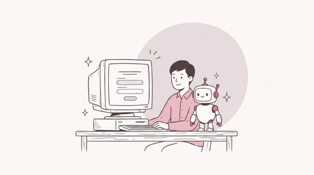 古い据置パソコンの日報画面を前にした経営者と、隣に立つ白いロボット