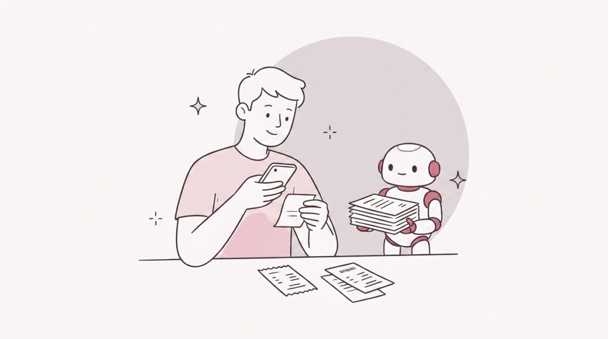 伝票をスマートフォンで撮影する人物と、証憑の束を持って横で待つ白いロボット