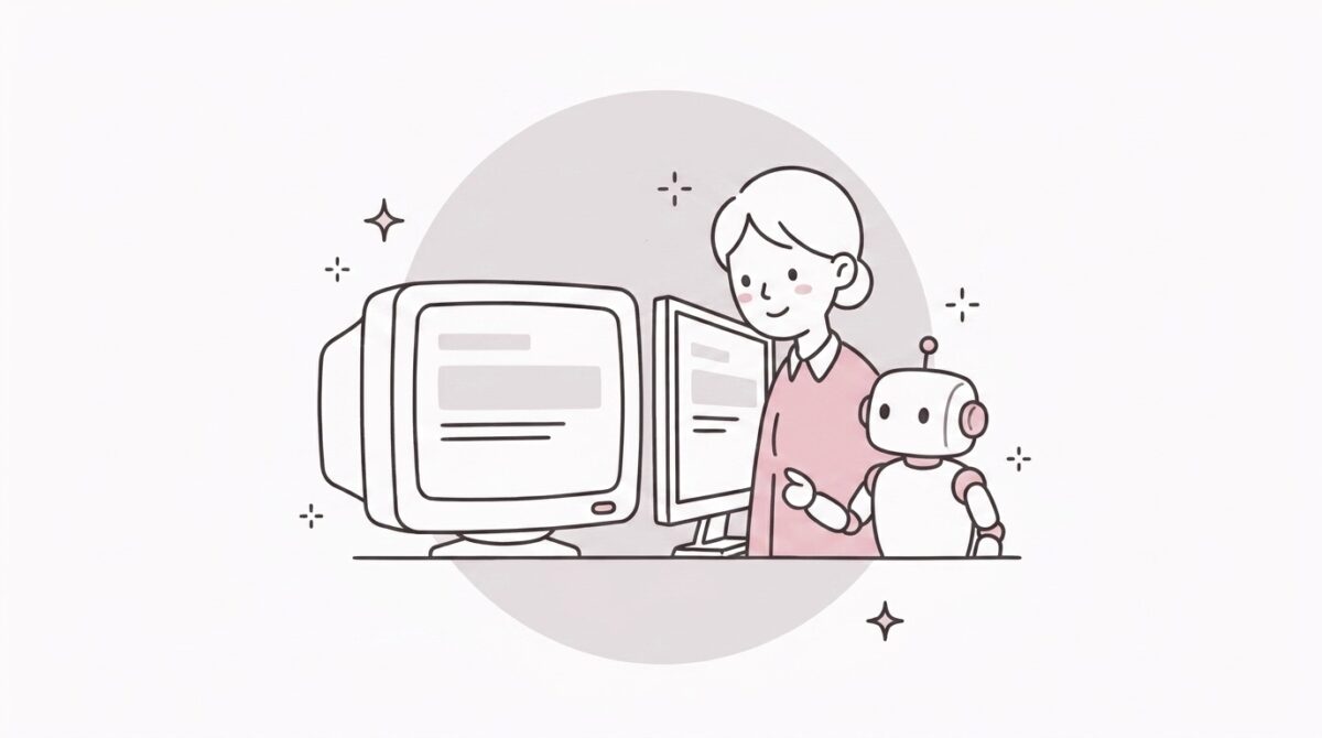 左右に並んだ新旧二つの画面を同時に見る経営者と白いロボット