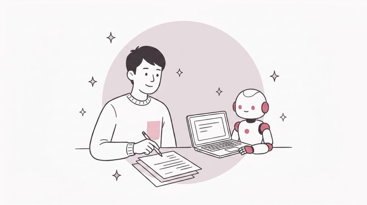 机の計画書を指さし白いロボットと順番を確認する経営者