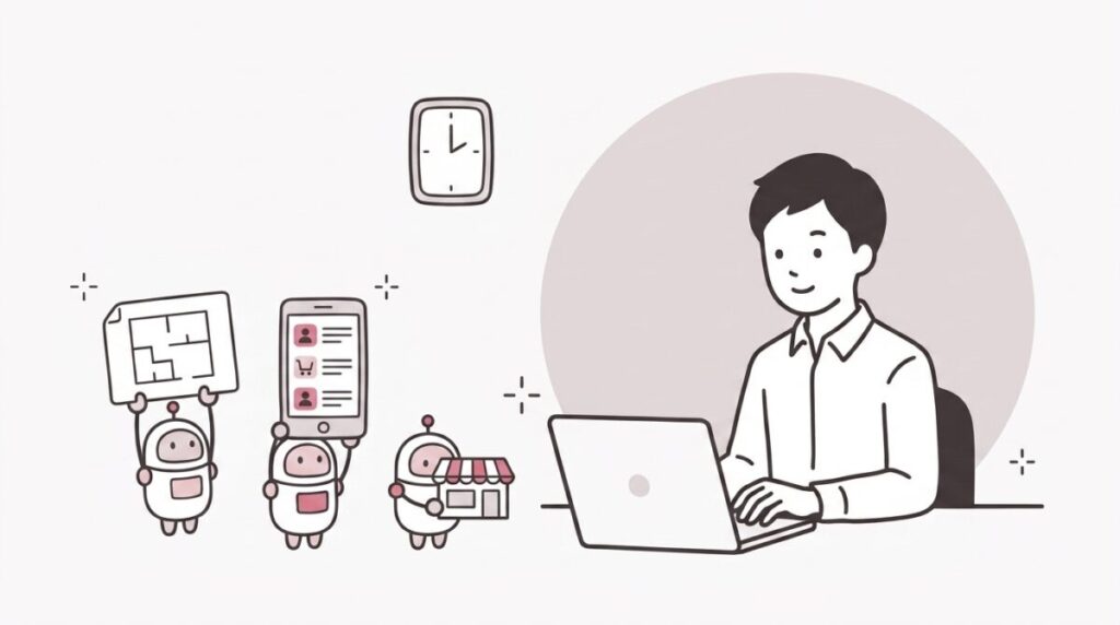 ノートPCに長い指示を打つ経営者と、図面・予約画面・店舗模型を運ぶ白いロボット3体