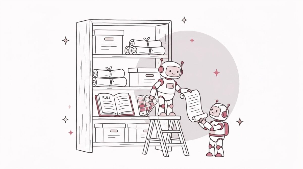 棚に並んだルール帳・巻物・色見本から、白いロボットが必要なものを取り出す