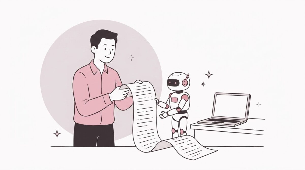 長いメモを書き終えて白いロボットに手渡す経営者