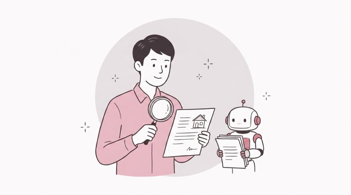 虫眼鏡で書類を確かめる経営者と、横で待つ白いロボット