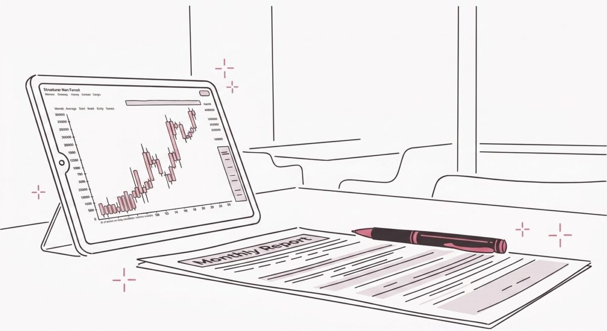 月次レポート資料とタブレット