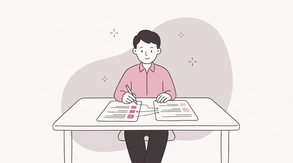 給与ソフトの取込項目と資料の項目を対応させた表を作っている様子のイラスト