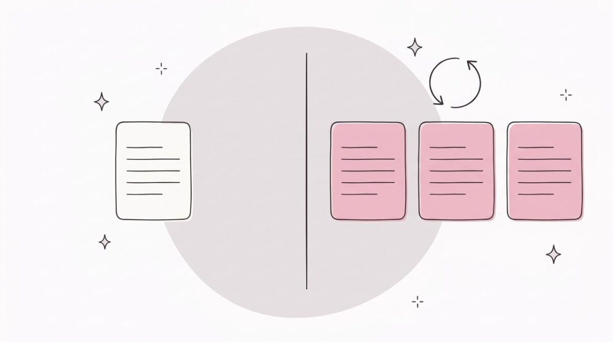 単発でできる作業と毎月続く仕組みの違いを整理している様子のイラスト