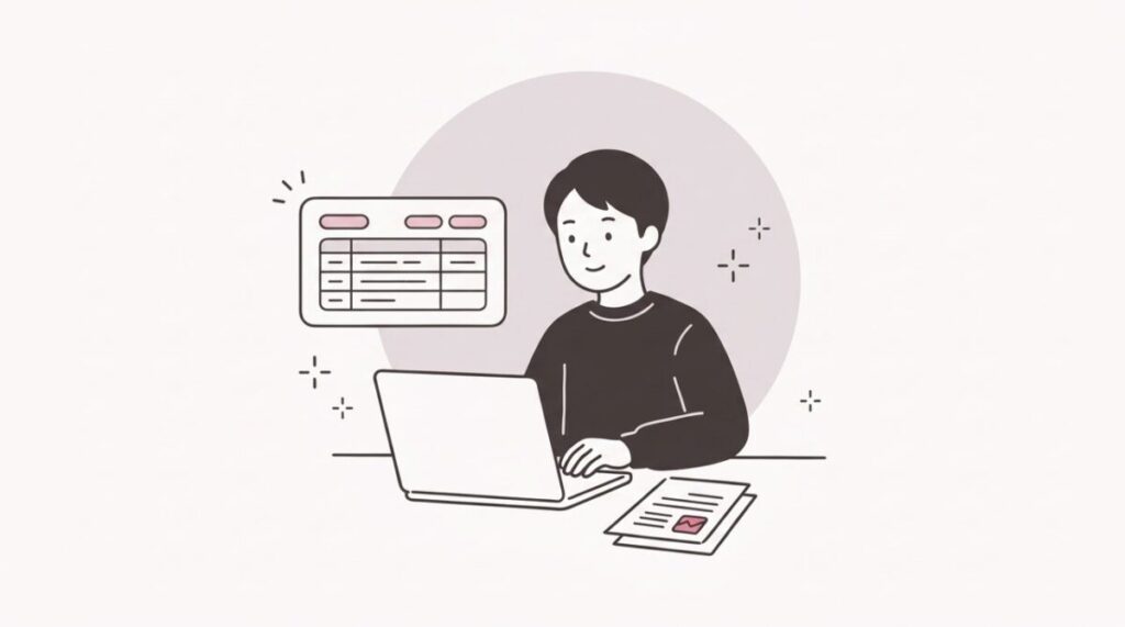 給与ソフトへの手入力を減らす方法を検討している小さな会社の経営者のイラスト