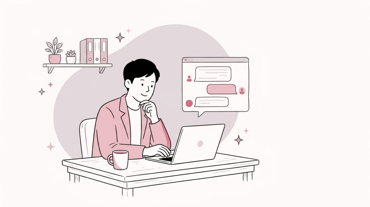 パソコンで生成AIの設定を確認する経営者のイラスト