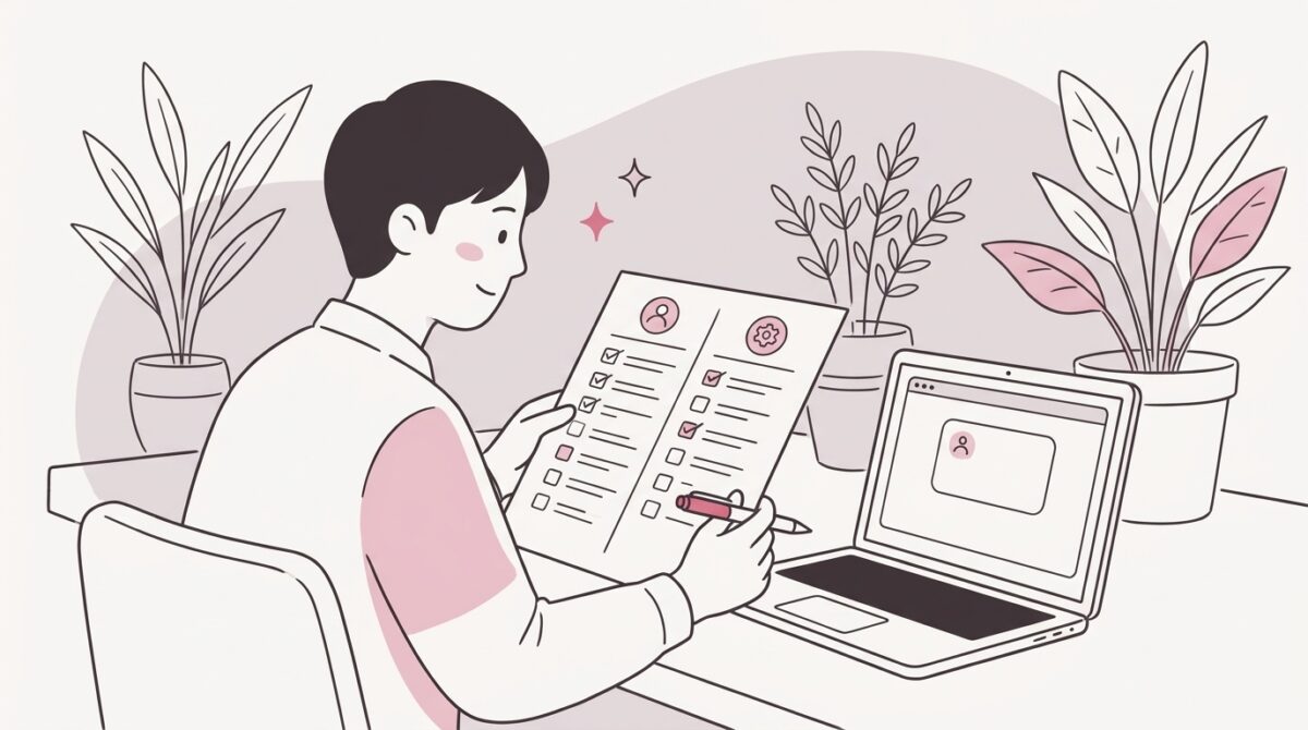 チェックリストを確認しながらAIの利用ルールを決めるイラスト
