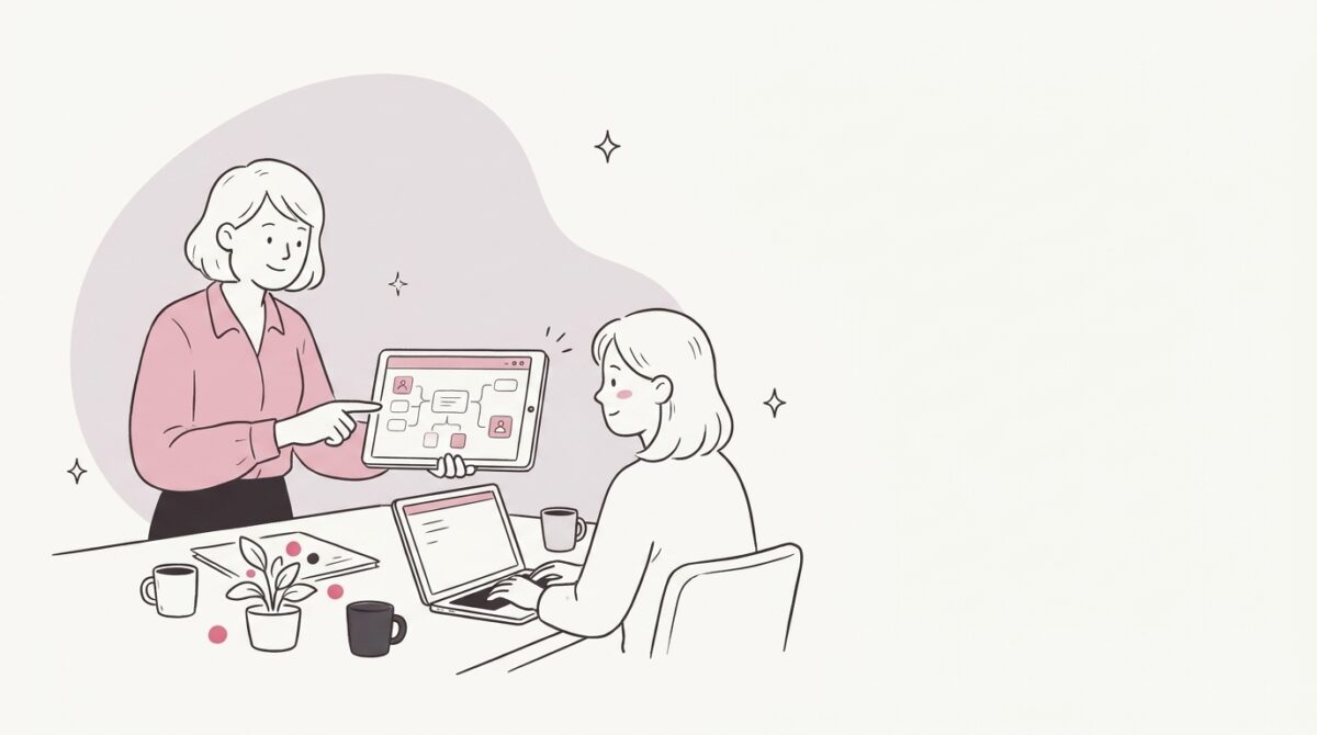 AIの利用ルールを社内で共有する様子のイラスト