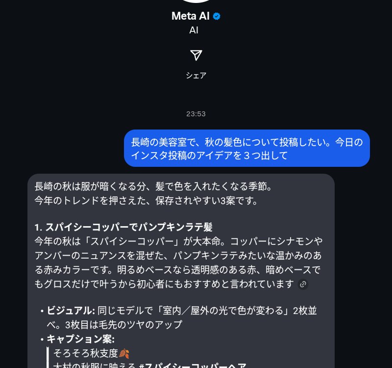 Meta AIに投稿アイデアを質問し、回答が返ってきた実機画面